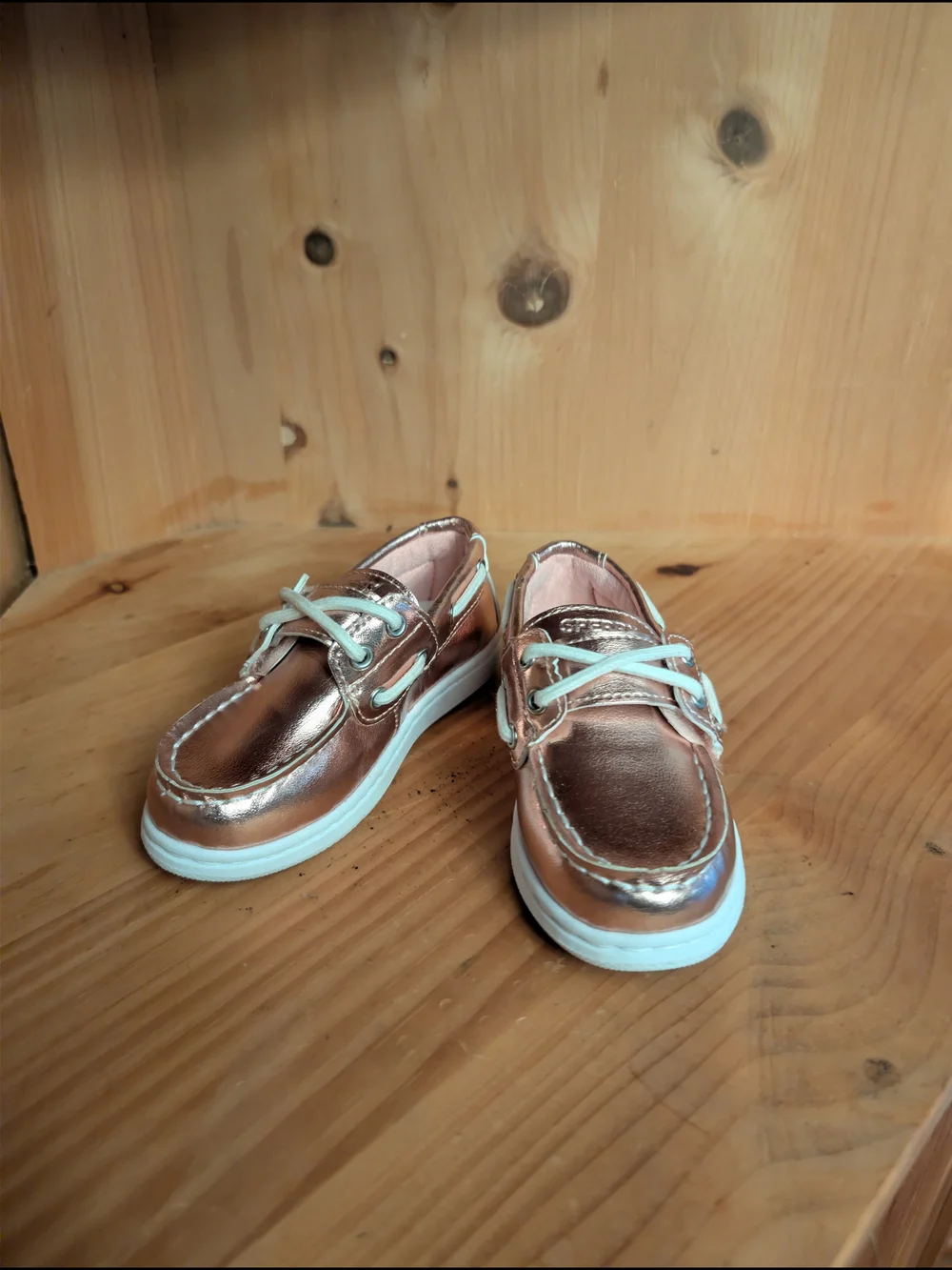 Sperry Girls Metallic Rose Gold Boat Shoes with White Laces